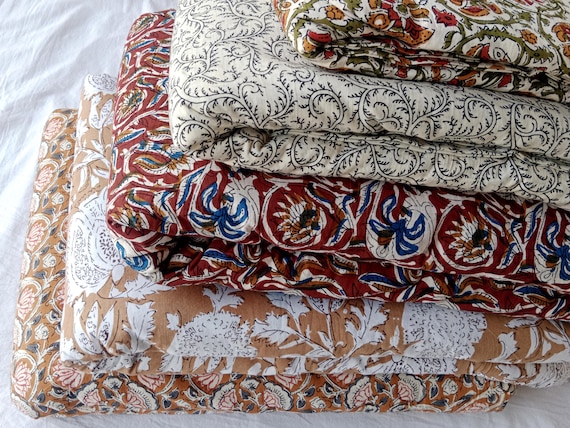 Floral Print Hand Block Printed Cotton Fabric: Lightweight Upholstery & Crafting Block Print Fabric