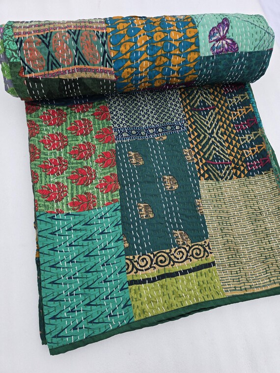 Indian Silk Patola Patchwork Handmade Kantha Quilt Assorted Patchwork Kantha Handmade Vintage Quilts Assorted Vintage style vintage design