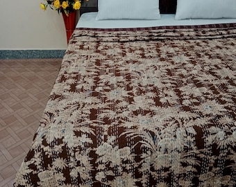 Chocolate Brown Floral Kantha Quilt Hand-Stitched Indian Cotton Throw Vintage Block Print Bed Cover,