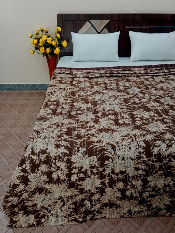 Luxury Chocolate Brown Kantha Quilt, Hand Block Print Floral Quilt, Indian Natural Color, Hand Stitched Vegetable Dye, Cozy Throw Blanket