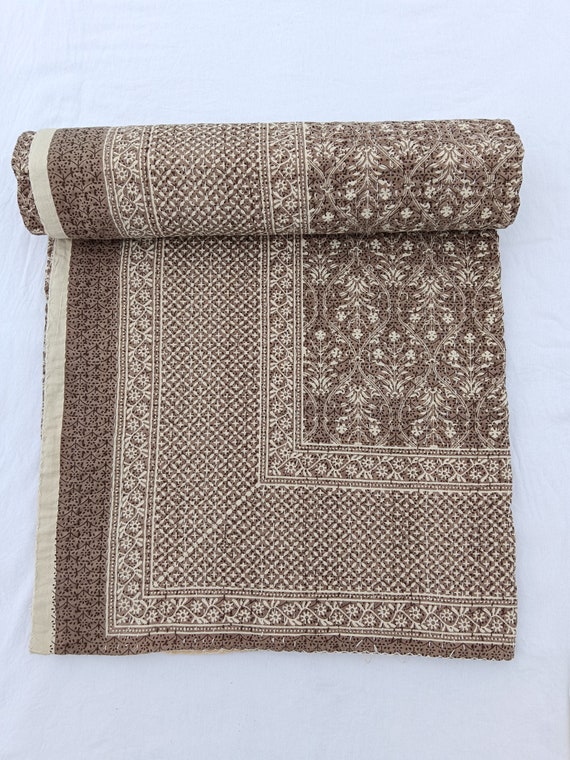 Light Brown Kantha Quilt Bedspread: Boho Hand-Stitched Cotton, Includes Pillow CoversBlock Print Bedding Vintage Brown Bedding Quilt Gorgeou