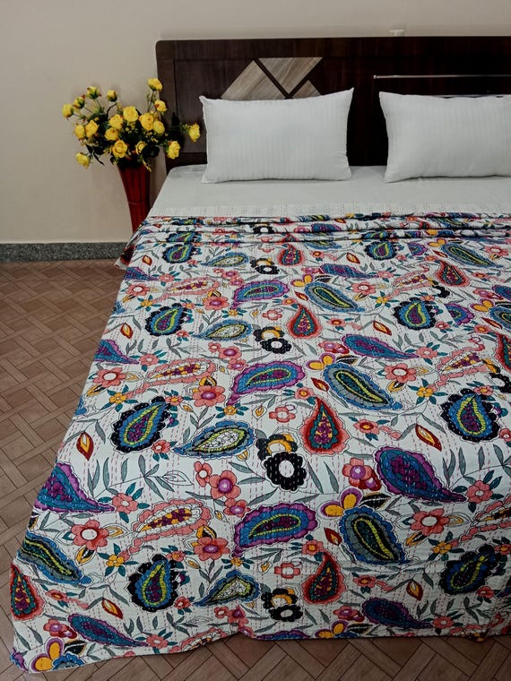 Kantha Quilt Kantha Quilt Handblock Print Indian Netural Colour floral print Quilt Hand Stitched Natural vegetable dye cotton kantha quilt