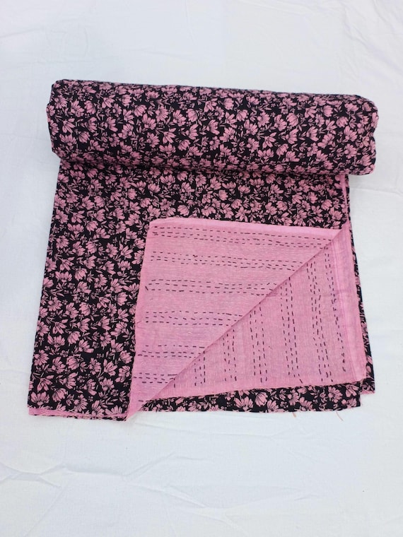 Indian Pink Floral Kantha Quilt: Hand-Printed Cotton Boho Bedspread