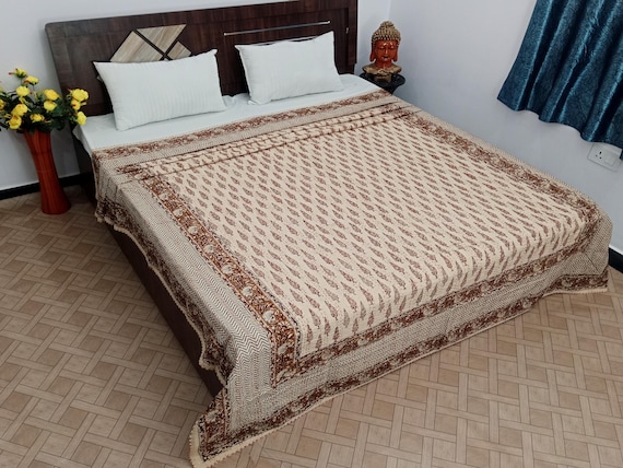 Hand Block Print Kantha Quilt: Floral Indian Cotton Blanket