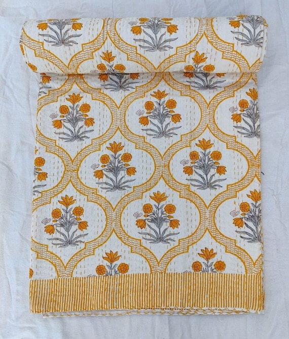 Indian Golden flower Kantha Quilt Bedding Indian print gold floral bedspread queen quilt kantha quilt queen yellow mustard kantha quilt