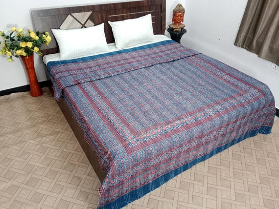 Ajrakh Block Print Kantha Quilt, Vintage Design, Hand Stitched