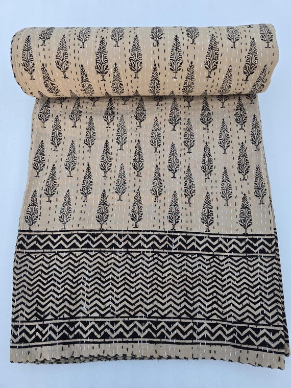 Kantha Quilt Bedding Hand Block Print Floral Blanket Indian Natural Color, Hand-Stitched Rural Kantha Bedding, Ethnic Home Décor Style