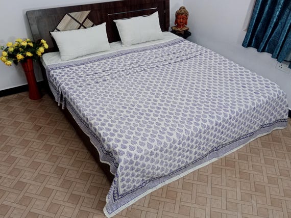 Turquoise Quilt kantha Indian Kantha Quilt  HandBlock Turquoise color Leaf Print Green Leaf Bedding Bedspread Full size Soft  Leaf Quilt