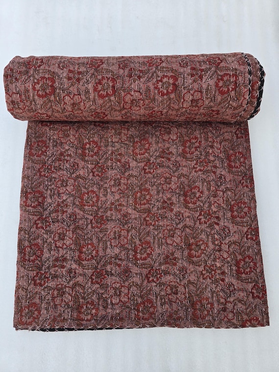 Block Print Quilt Handmade Kantha Quilt Vintage Floral Block Print Bedding Cotton Bedspread