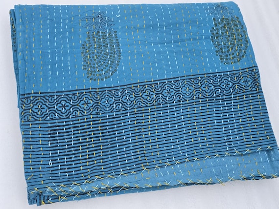 Floral Hand Block Print Kantha Quilt - Lightweight Cotton Coverlet