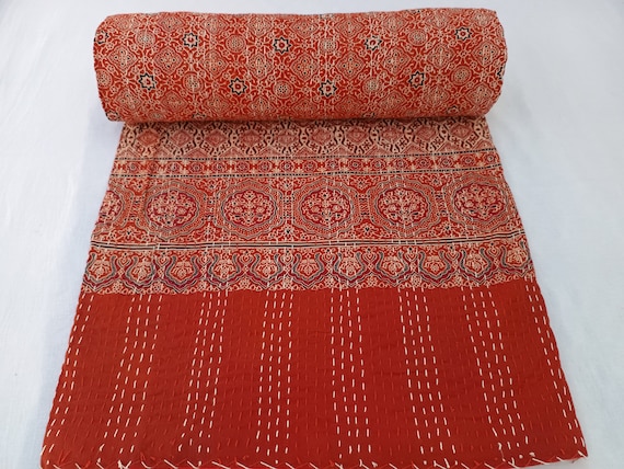 Ajrak or Ajrakh is a unique block printed textile. It displays special traditional designs and patterns Ajrak Vintage design kantha quilt
