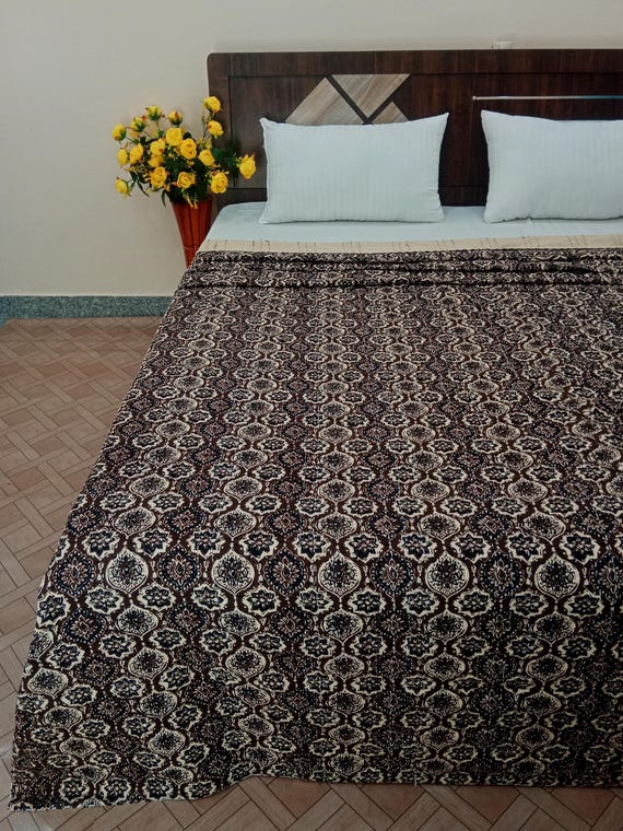 Chocolate Brown Kantha Quilt Elisa Kantha Quilt Handblock Print Indian Netural Colour floral print Quilt Hand Stitched Natural vegetable dye