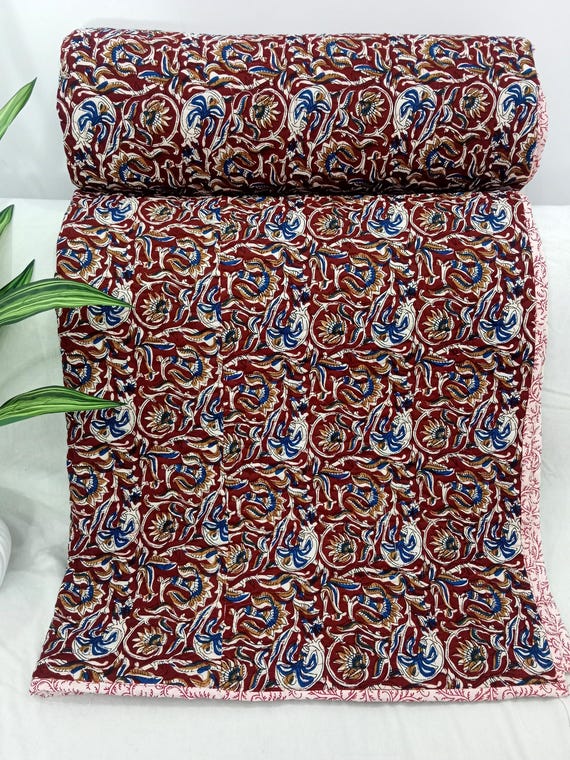 Handmade Indian Kantha Quilt: Reversible Jaipuri Cotton Bedspread