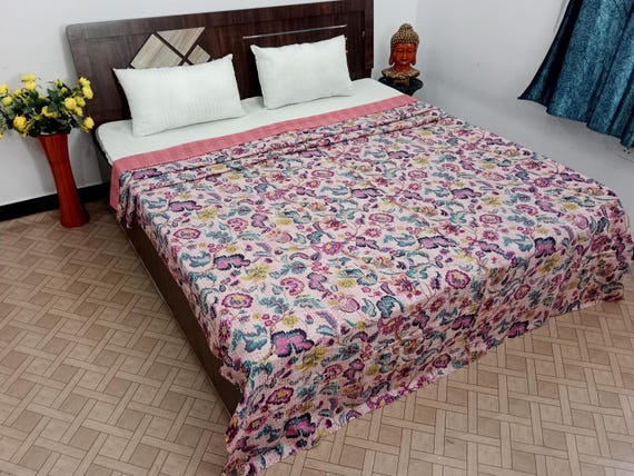 Floral Handblock Print Kantha Quilt - Indian Cotton Bedding