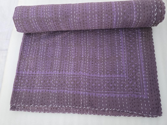 Purple Floral Handmade Kantha Vintage Floral Block Print Bedding Vintage Bedding Quilt Gorgeous quilt that has the Perfect Vintage Look