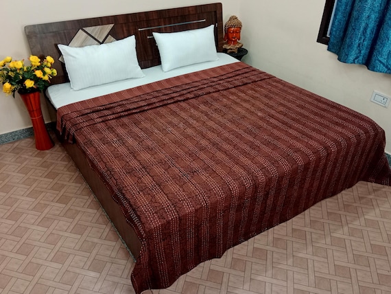 Chocolate Brown Kantha Quilt Elisa Kantha Quilt Handblock Print Indian Netural Colour floral print Quilt Hand Stitched Natural vegetable dye