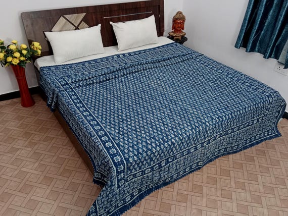 Indigo Blue white Kantha Quilt Indian Hand Block Print Bedding Bedspread All Size cotton quilts navy queen sized organic cotton quilt indigo