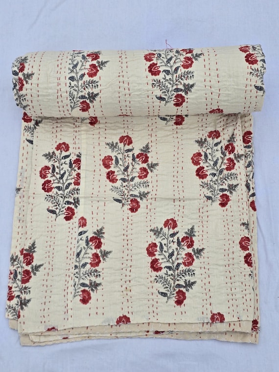 Red Floral Kantha Quilt Hand-Stitched Red Floral Kantha Quilt