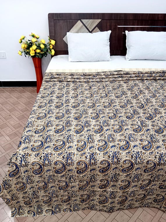 Premium Green floral Kantha Quilt Hand block Print floral Kantha indian block quilt pink floral blanket cotton bedspread block print quilt