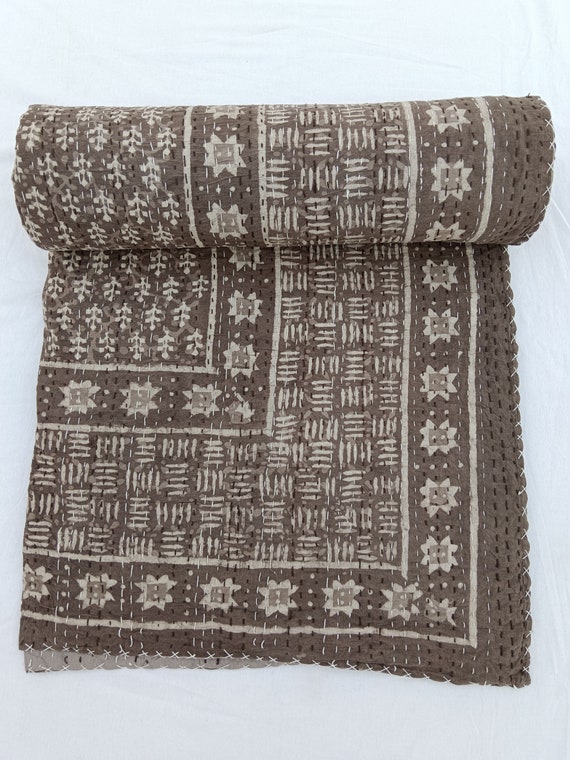 Earthen colour Kantha Quilt Indian Netural Colour mud print Quilt Hand Stitched Natural vegetable dyes Elisa Kantha Quilt Handblock Print