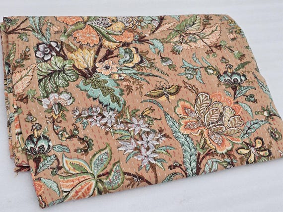 Floral Kantha Quilt: Hand-Stitched Indian Cotton Bedspread