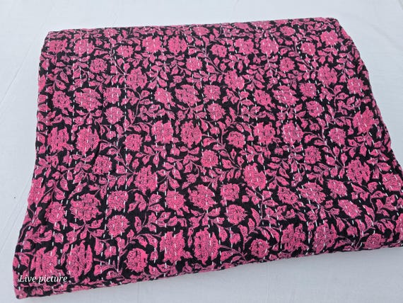 Pink Floral kantha quilt quilt Handblocked Pink kantha Bedcover Handmade Kantha Indian cotton handmade making quilt bedding bedspread pink