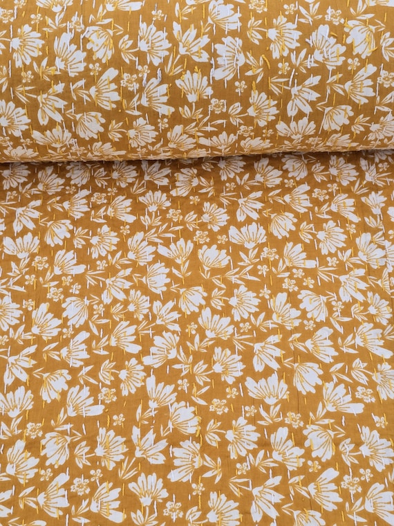 Floral Kantha Quilt: Handblock Print Indian Cotton Bedding