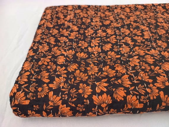 Indian Orange flower Kantha Quilt Bedding Indian print Floral Orange Bedspread Queen Quilt Kantha Quilt Queen Orange Kantha Quilted Bedding