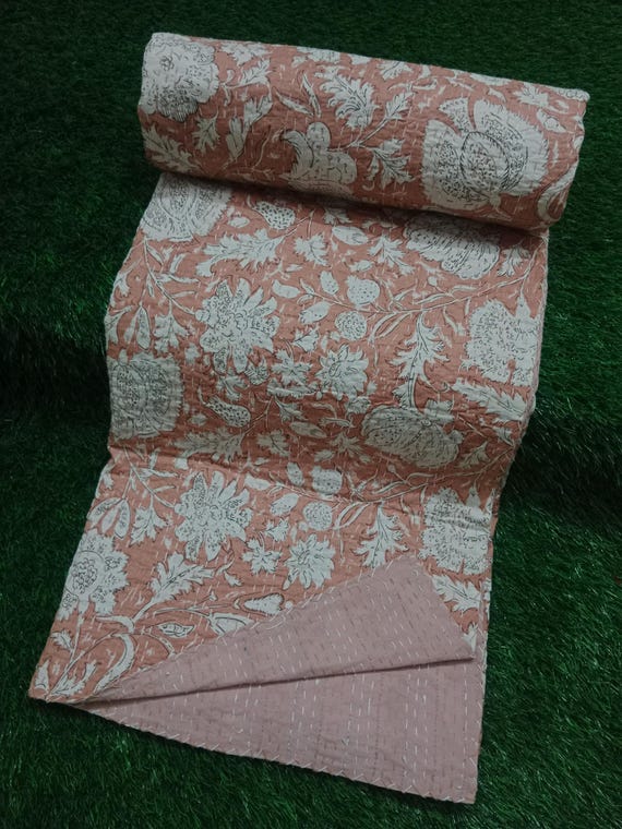 Peach Floral Kantha Quilt: Hand-Stitched Indian Bedspread
