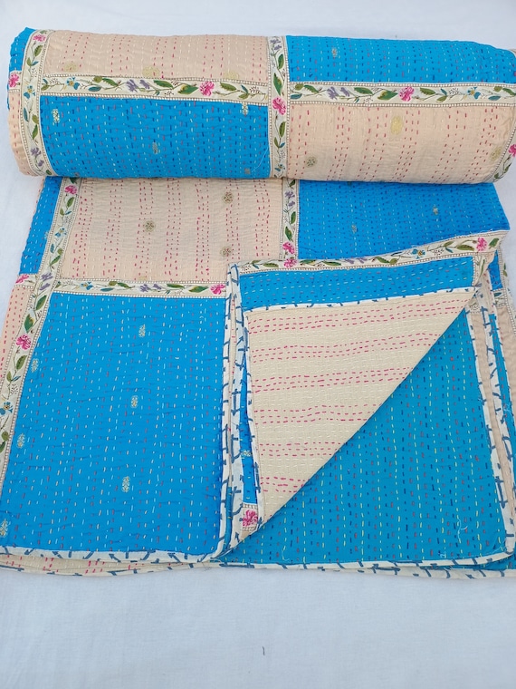 Patchwork Kantha Quilt: Handmade Vintage Bedding Throw