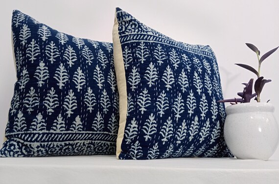Premium Pillows Cushion Cover Customize Size Shames Pillows, Hand block Print  Handmade Kantha Work Hand stitched Pillow, Boho Pillowcase