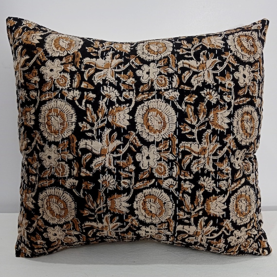 Block Print Pillow Cover Floral Kantha Stitch Cotton Cushion