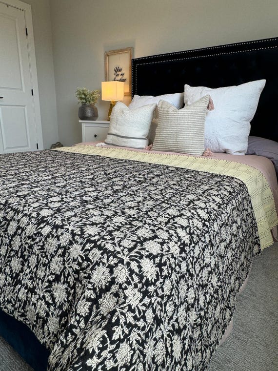 Kantha Quilt - Handblock Print Black & Cream Floral, Indian Neutral Color Bedding, Hand Stitched Rural Kantha Quilt