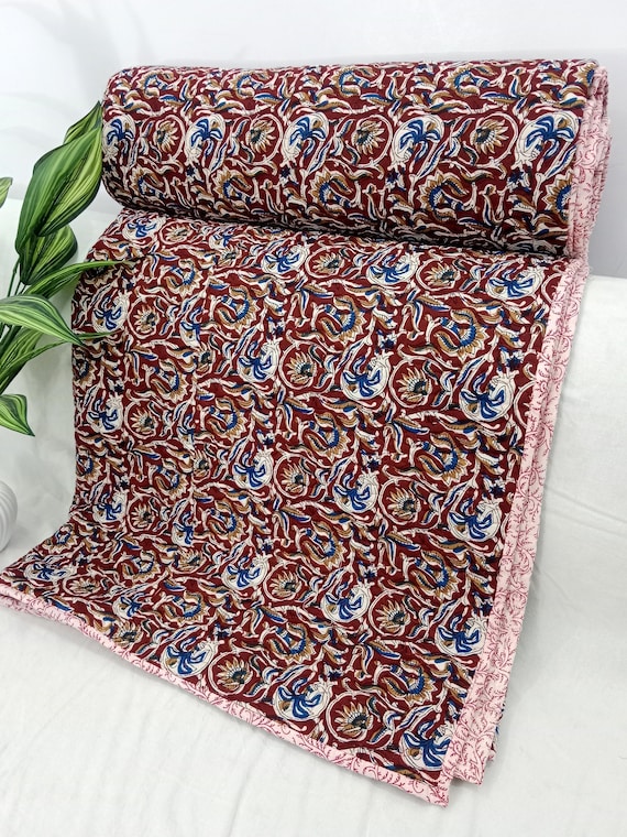 Handmade Burgundy Kantha Quilt, Indian Cotton Bedspread with Hand-Stitched  Vintage Bohemian Throw,