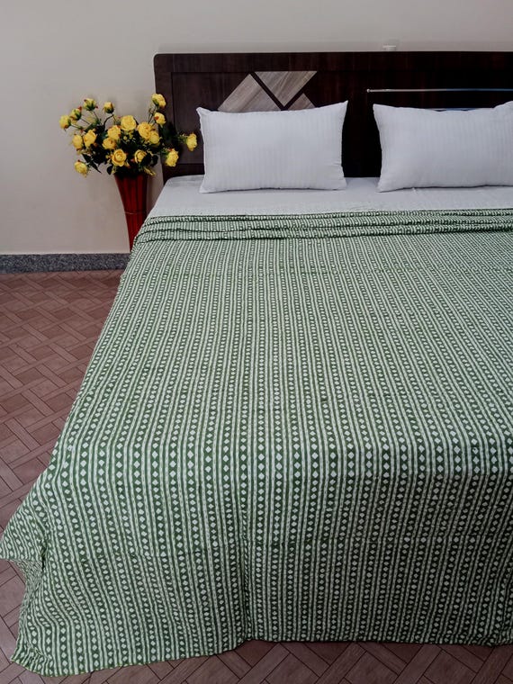 Indian Handblock Print Bedding Bedspread Full-size Queen Quilt Hand Stitched Quilt Netural Colored Kantha Quilted Rare find kantha quilt