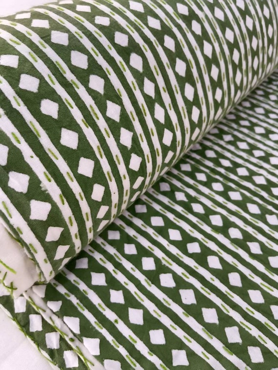 Hand Stitched Kantha Quilt, Floral Cotton Bedspread, Indian Kantha Quilt, Vintage Green Patchwork, Bohemian Bedspread, Handmade Cotton Quilt