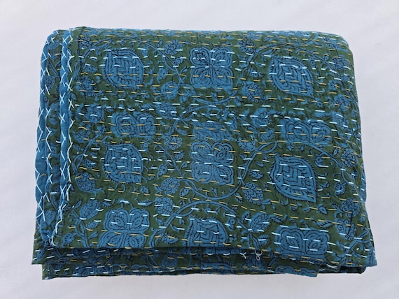 Floral Handmade Kantha Quilt, Vintage Floral Block Print Bedding Vintage Bedding Quilt Gorgeous quilt that has the perfect vintage look