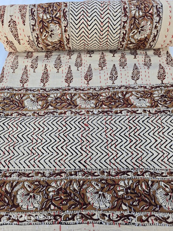 Kantha Quilt Bedding Hand Block Print Floral Blanket Indian Natural Color, Hand-Stitched Rural Kantha Bedding, Ethnic Home Décor Style