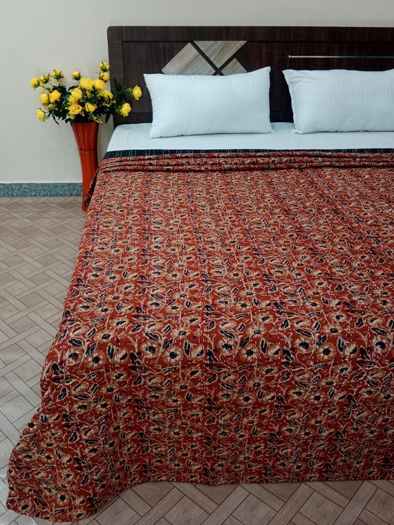 Handmade Kantha Quilt Handblock Print floral Kantha Indian Netural Colour Indian inspired Bedding Hand Stitched Rural Quilted