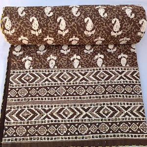 Schokolade Braun Floral Kantha Quilt: Handgenähte indische Baumwolle