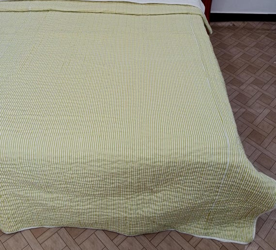 Handmade Indian Reversible Cotton Batting Jaipuri Quilt Striped and Solid Soft Cotton Kantha Quilt Warm Jaipuri Cotton Filled Batting quilt