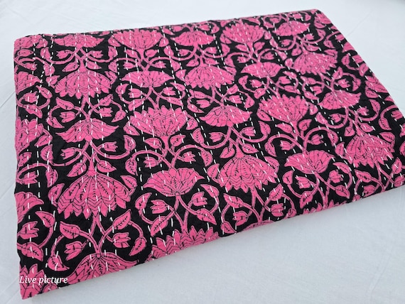 Pink Floral kantha quilt quilt Handblocked Pink kantha Bedcover Handmade Kantha Indian cotton handmade making quilt bedding bedspread pink