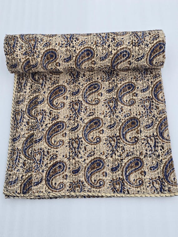 Floral Kantha Quilt Handmade Flowers Print Kantha Indian Netural Colour Indian inspired Bedding Hand Stitched Rural Kantha Quilt Bedding