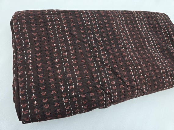 Chocolate Brown Kantha Quilt Elisa Kantha Quilt Handblock Print Indian Netural Colour floral print Quilt Hand Stitched Natural vegetable dye