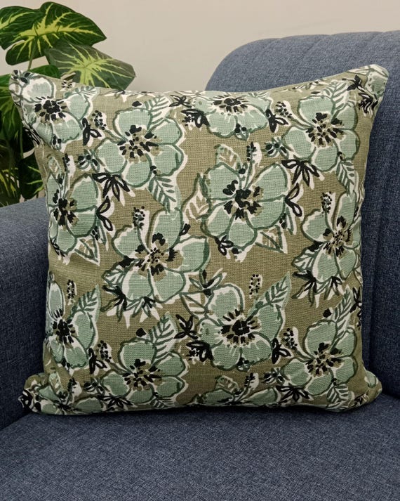 2 Pieces 16x16 inches Handblock print Floral Print Cushion Covers Cotton Fabric 1 pair 16x16 Inches Size Handblock print Natural Colour