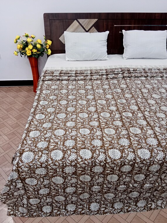 Handblock Kantha Quilt: Brown Floral Print, Indian Cotton Bedding