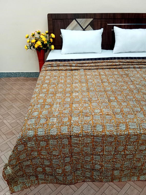Kantha Quilt Mustard Cotton Bedspread, Hand Block Print Quilt, Handmade Indian Lightweight Bedding