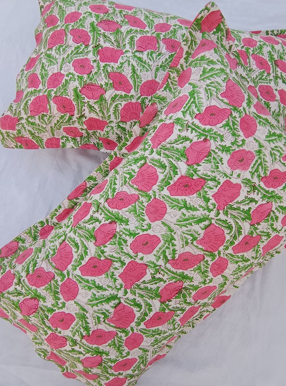 Set of 2 Pieces Pillow Cover Khadi Fabric pillow cover 18x28 Inches Made By Rural Village Women Natural Colour Handblock  print 1 pair pillo