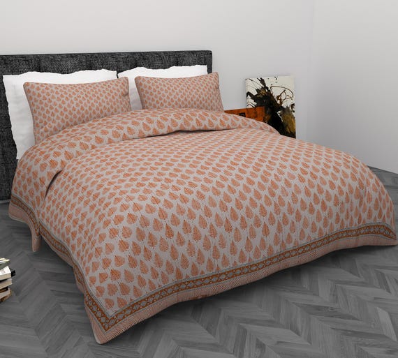 Orange Floral Kantha Quilt: Indian Cotton Bedspread