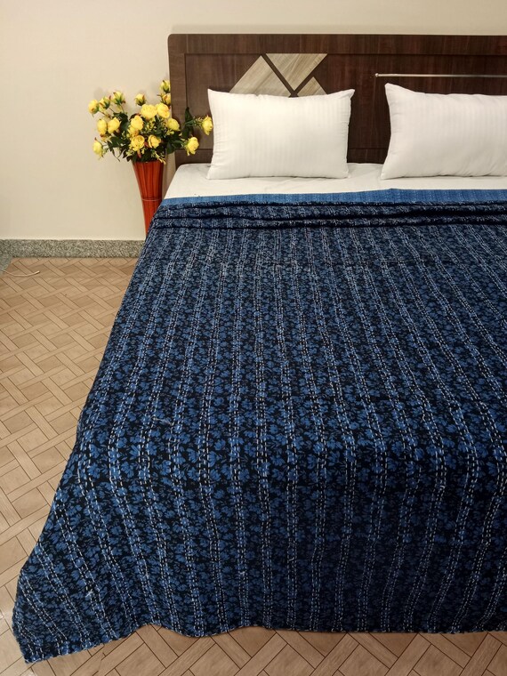 Blue Floral Handmade Kantha Quilt, Vintage Floral Block Print Bedding Vintage Bedding Quilt Gorgeous quilt that has the perfect vintage look